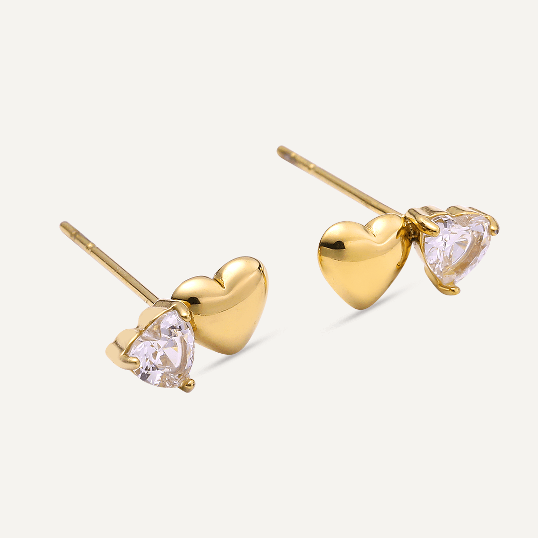 Vibes | Dual Heart & Crystal Post Earrings | 18K Gold-Plated