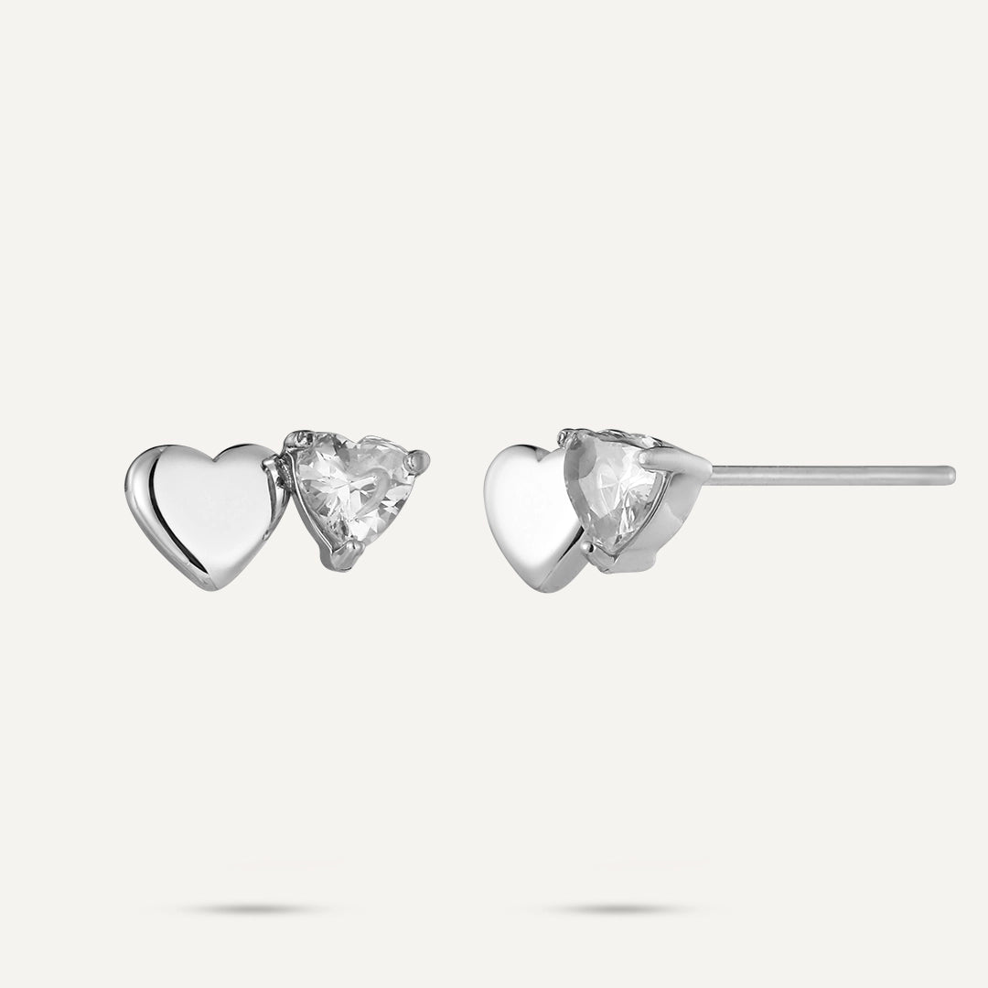 Vibes | Dual Heart & Crystal Post Earrings | White Gold-Plated
