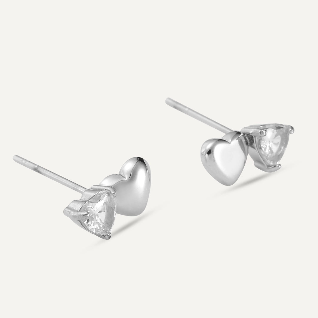 Vibes | Dual Heart & Crystal Post Earrings | White Gold-Plated