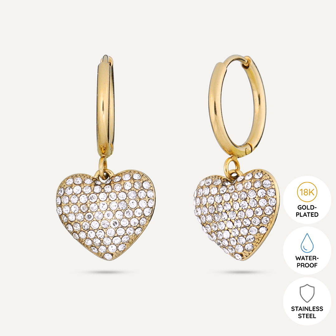 Vibes | Crystal Heart Hoop Lever Earrings | 18K Gold-Plated