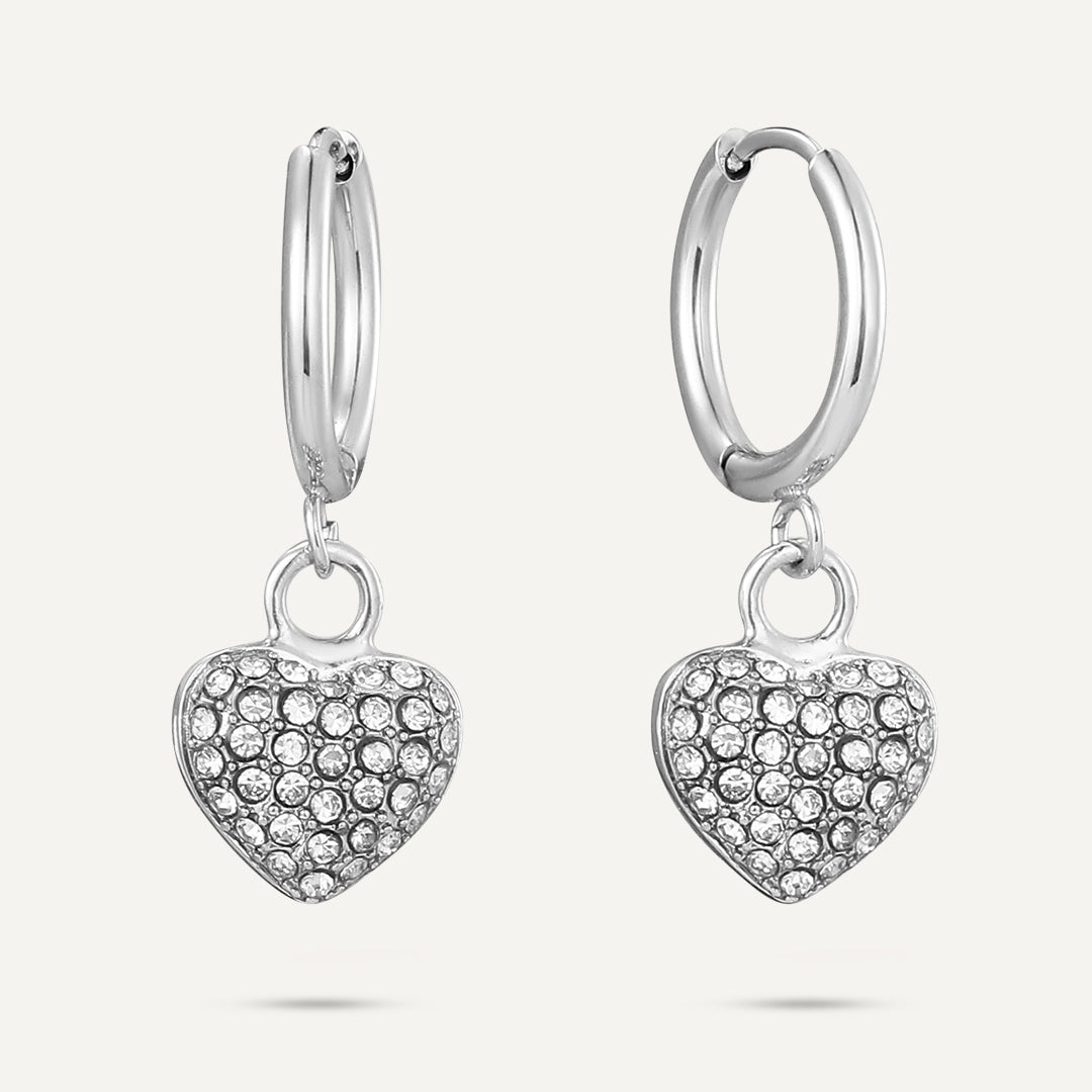 Vibes | Crystal Heart Hoop Lever Earrings | White Gold-Plated