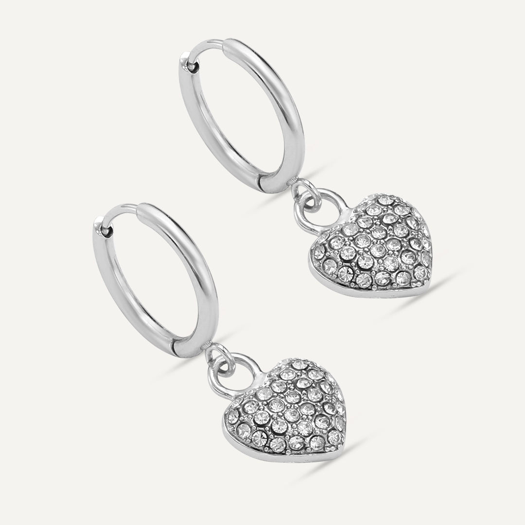 Vibes | Crystal Heart Hoop Lever Earrings | White Gold-Plated