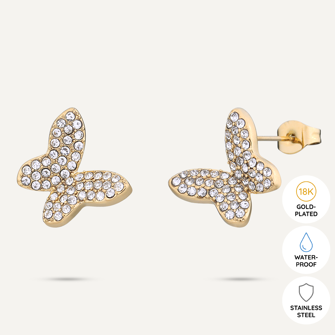 Vibes | Crystal Butterfly Post Earrings | 18K Gold-Plated