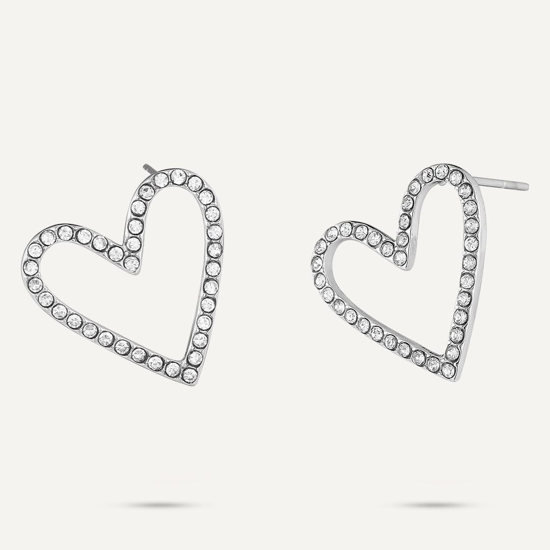 Vibes | Love Lines Heart Post Earrings | White Gold-Plated