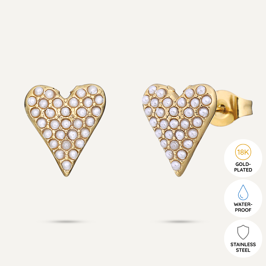 Vibes | Pearl-Embellished Heart Post Earrings | 18K Gold-Plated