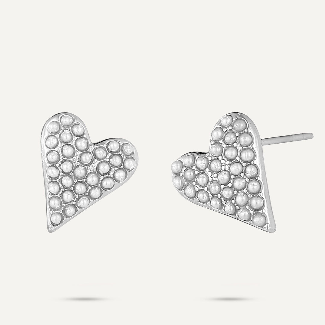Vibes | Pearl-Embellished Heart Post Earrings | White Gold-Plated