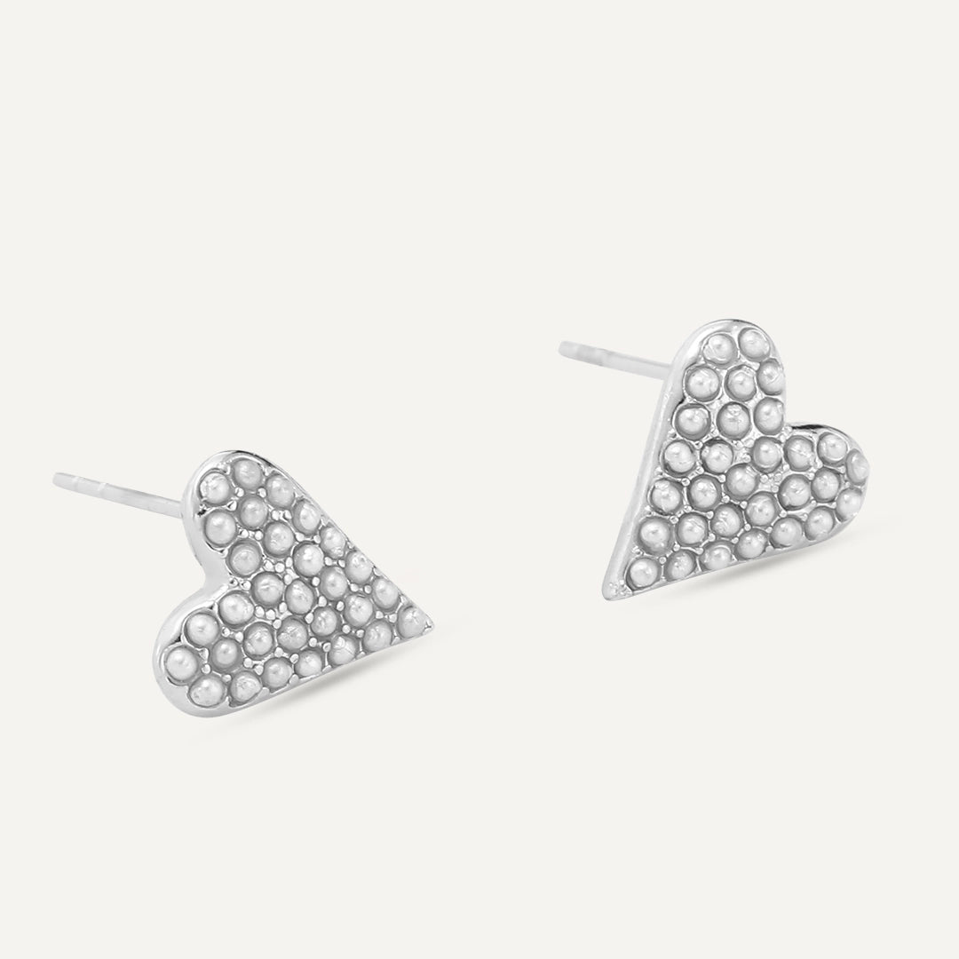 Vibes | Pearl-Embellished Heart Post Earrings | White Gold-Plated