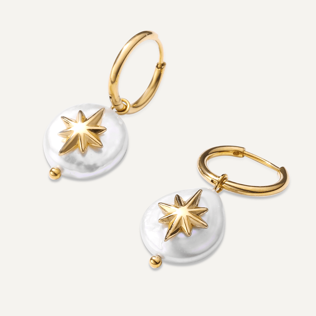 Vibes | Celestial Pearl Star Drop Lever Earrings | 18K Gold-Plated