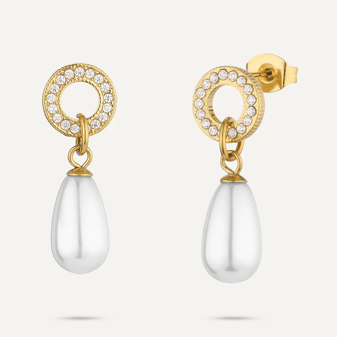 Vibes | Pavé Circle Drop Pearl Stud Earrings | 18K Gold-Plated