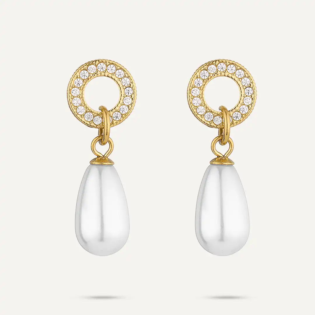 Vibes | Pavé Circle Drop Pearl Stud Earrings | 18K Gold-Plated
