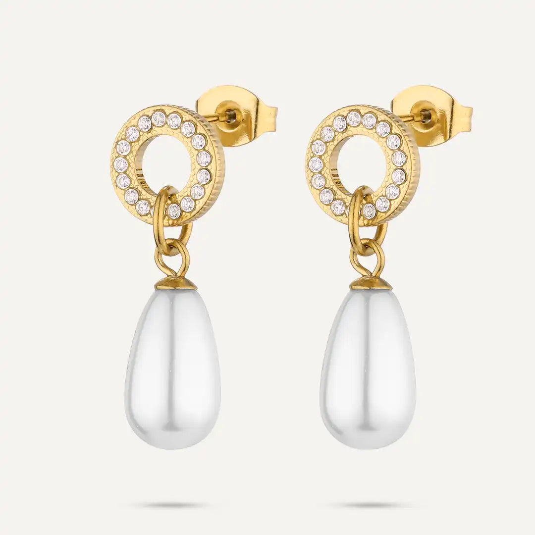 Vibes | Pavé Circle Drop Pearl Stud Earrings | 18K Gold-Plated