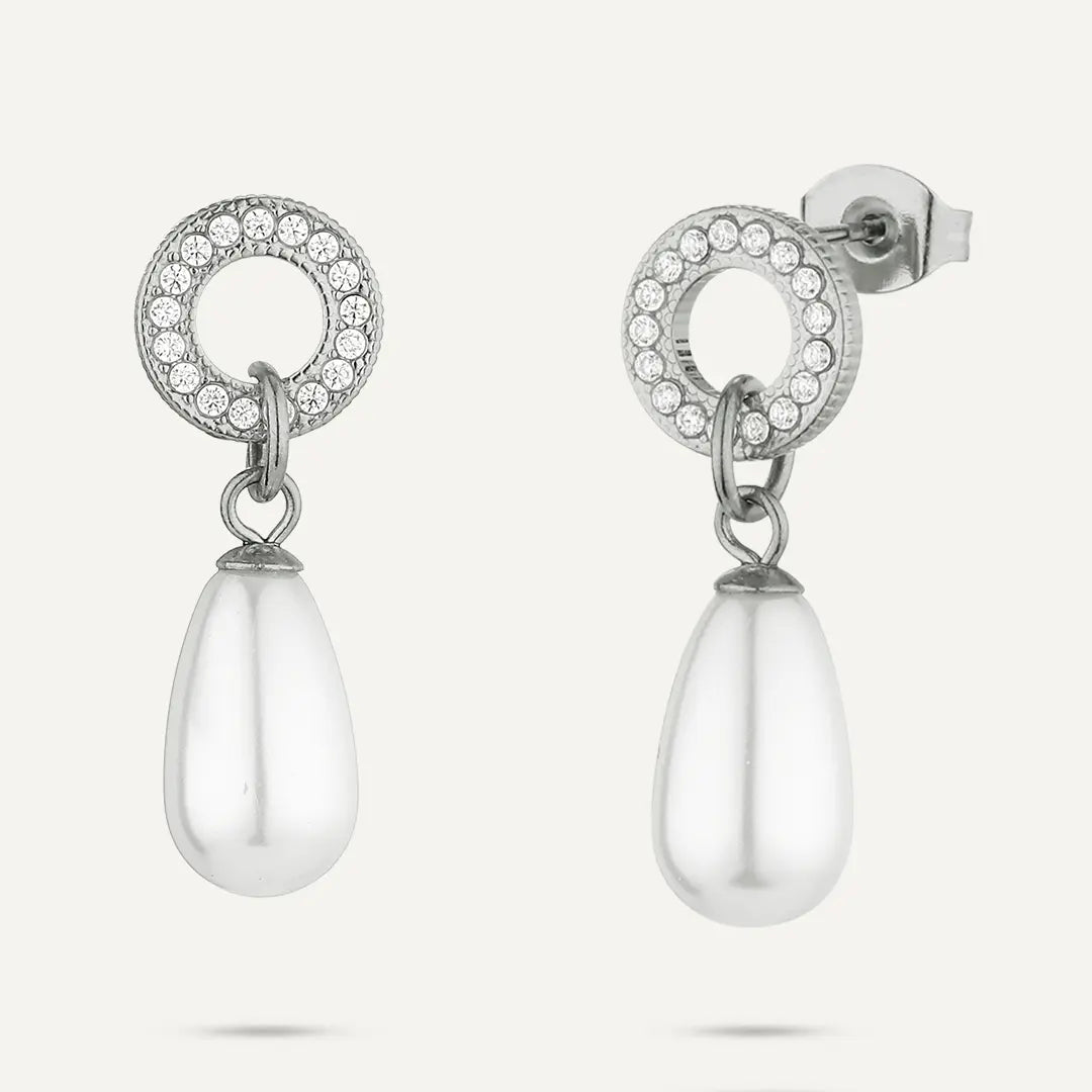 Vibes | Pavé Circle Drop Pearl Stud Earrings | White Gold-Plated