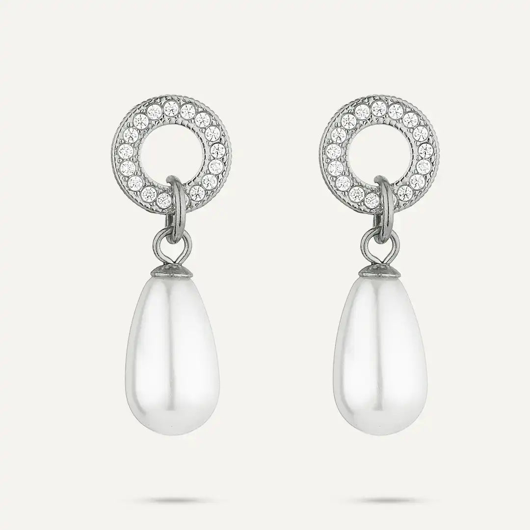 Vibes | Pavé Circle Drop Pearl Stud Earrings | White Gold-Plated