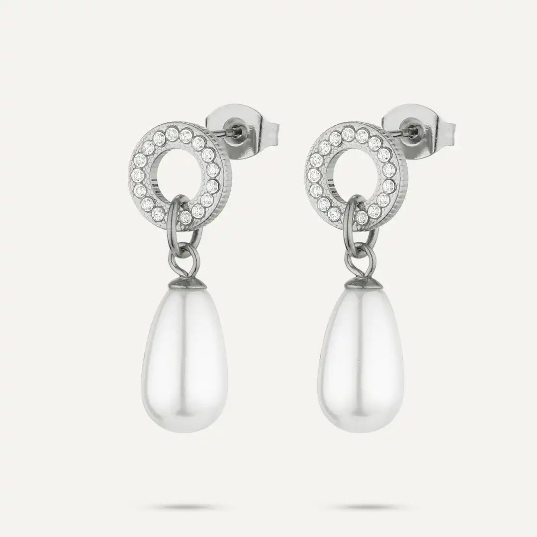 Vibes | Pavé Circle Drop Pearl Stud Earrings | White Gold-Plated