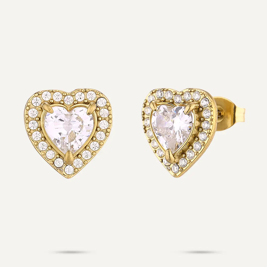 Vibes | Crystal Pavé Halo Heart Stud Earrings | 18K Gold-Plated