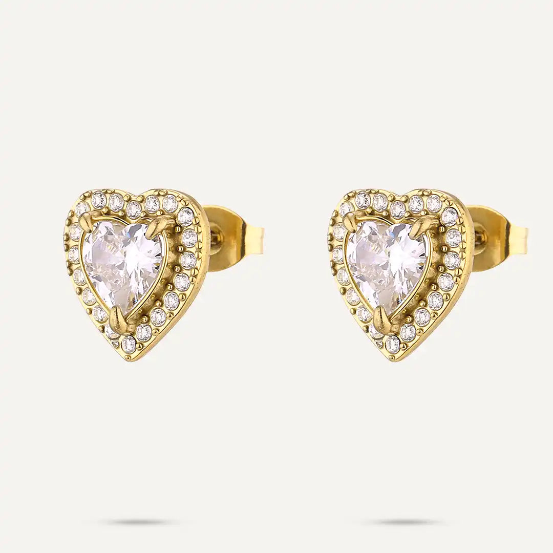 Vibes | Crystal Pavé Halo Heart Stud Earrings | 18K Gold-Plated