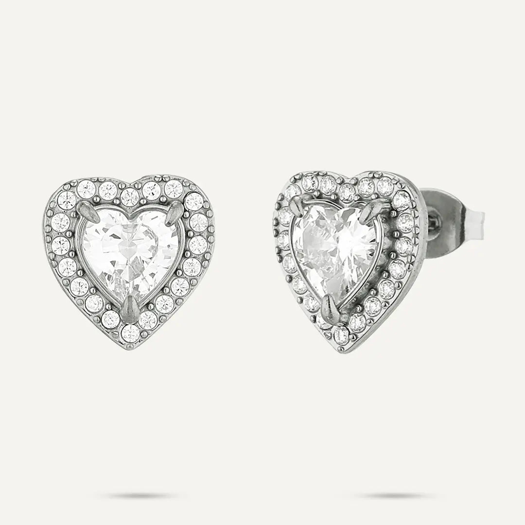 Vibes | Crystal Pavé Halo Heart Stud Earrings | White Gold-Plated