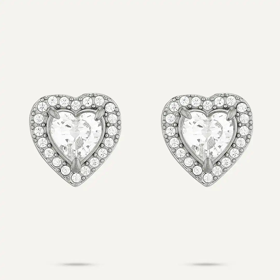 Vibes | Crystal Pavé Halo Heart Stud Earrings | White Gold-Plated