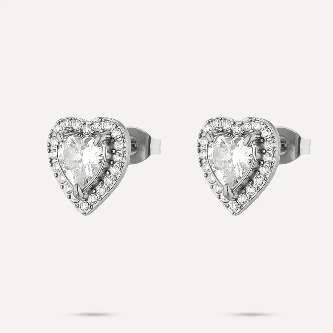Vibes | Crystal Pavé Halo Heart Stud Earrings | White Gold-Plated