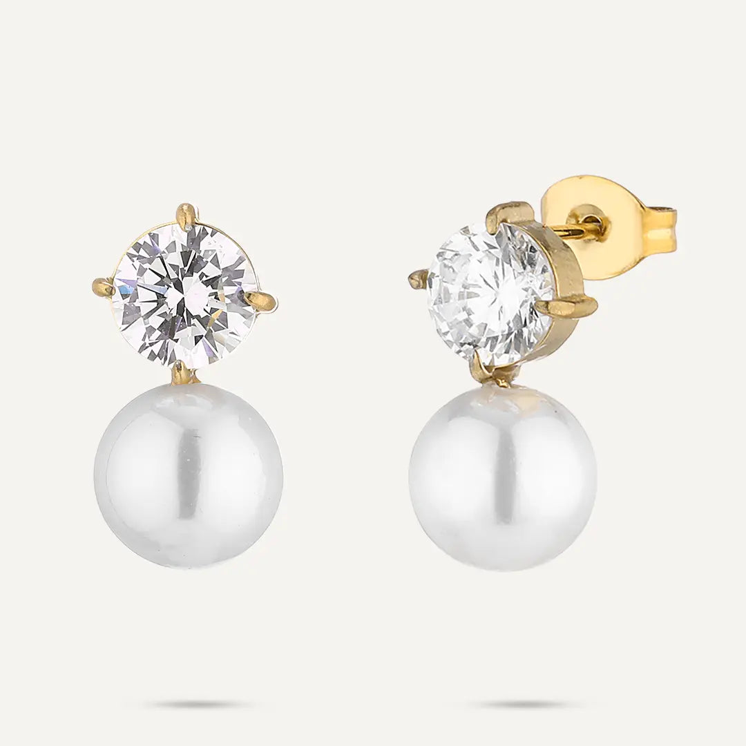 Vibes | Crystal Stud Pearl Drop Earrings | 18K Gold-Plated