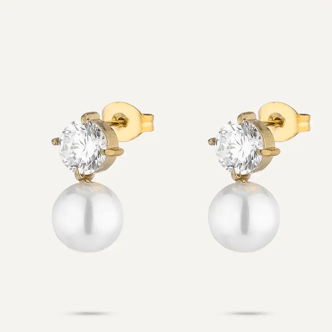 Vibes | Crystal Stud Pearl Drop Earrings | 18K Gold-Plated