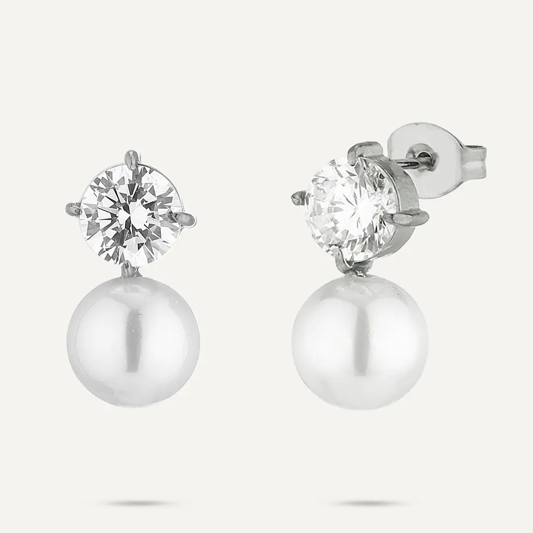 Vibes | Crystal Stud Pearl Drop Earrings | White Gold-Plated