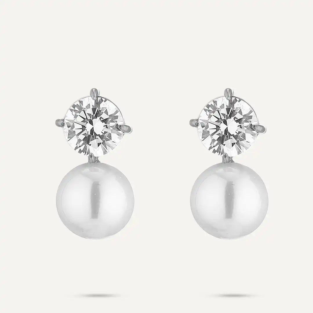 Vibes | Crystal Stud Pearl Drop Earrings | White Gold-Plated