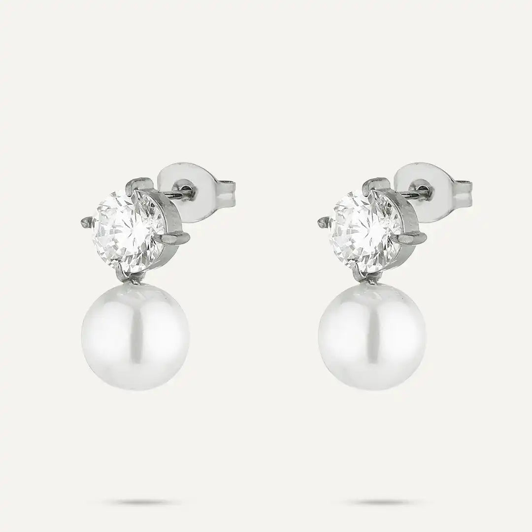Vibes | Crystal Stud Pearl Drop Earrings | White Gold-Plated