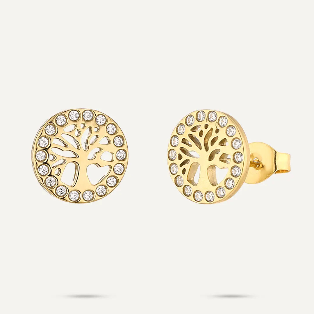 Vibes | Tree of Life Crystal Stud Earrings | 18K Gold-Plated