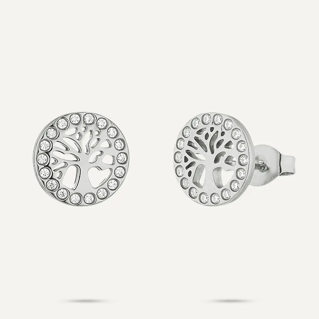 Vibes | Tree of Life Crystal Stud Earrings | White Gold-Plated
