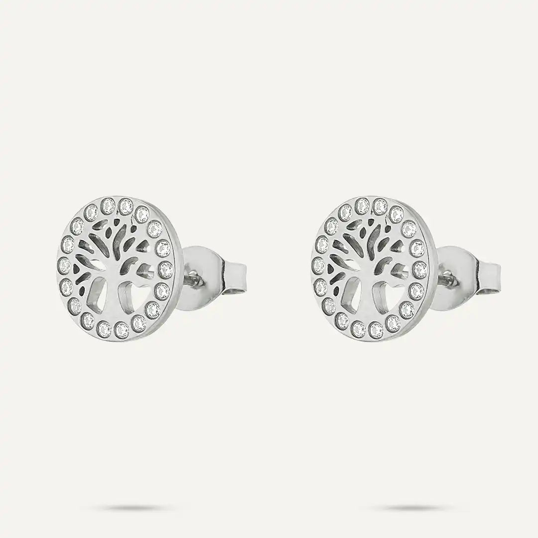 Vibes | Tree of Life Crystal Stud Earrings | White Gold-Plated