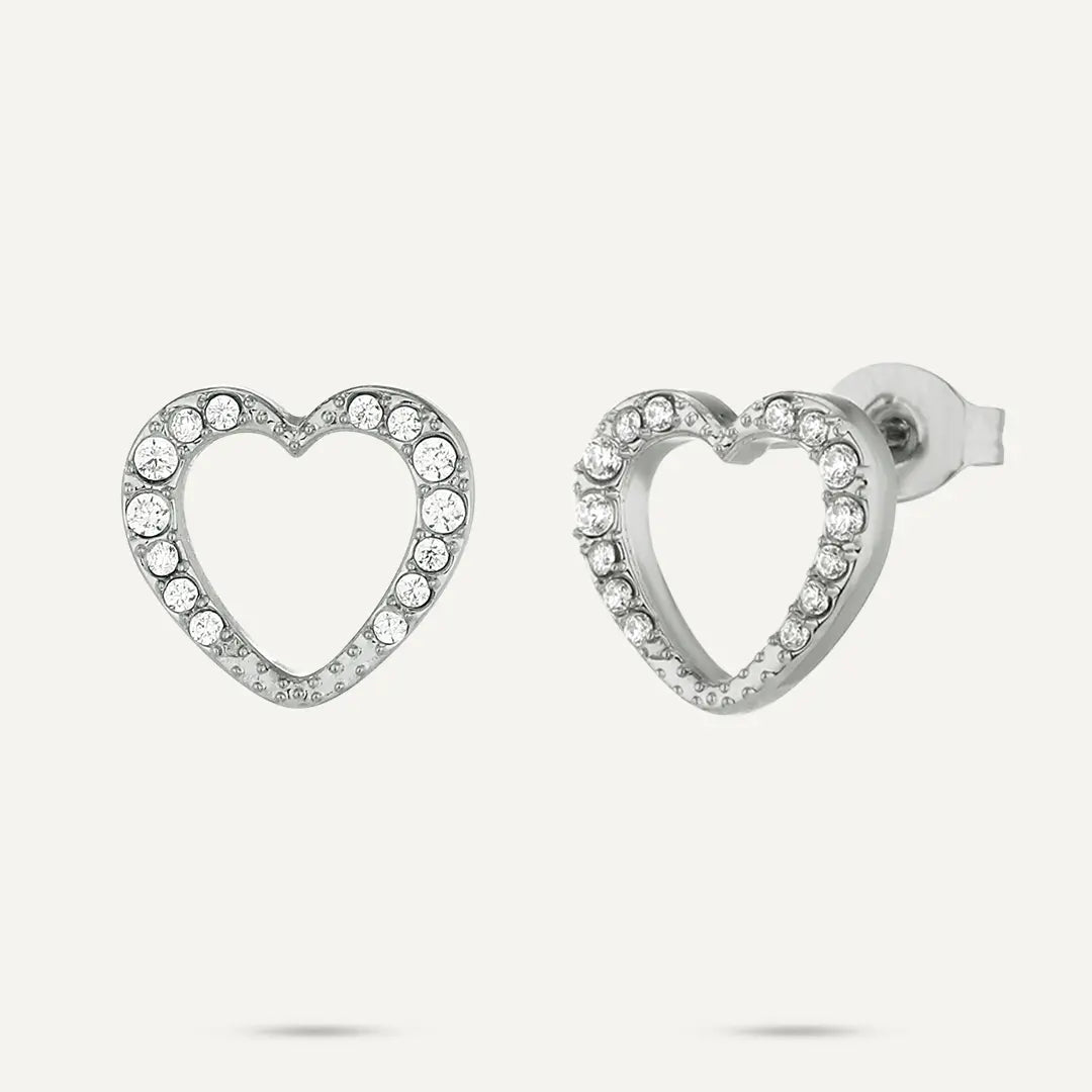 Vibes | Outline Crystal Heart Stud Earrings | White Gold-Plated
