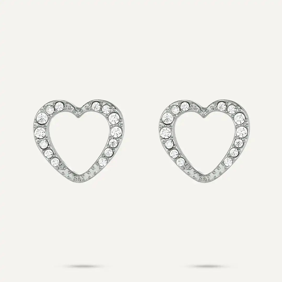 Vibes | Outline Crystal Heart Stud Earrings | White Gold-Plated