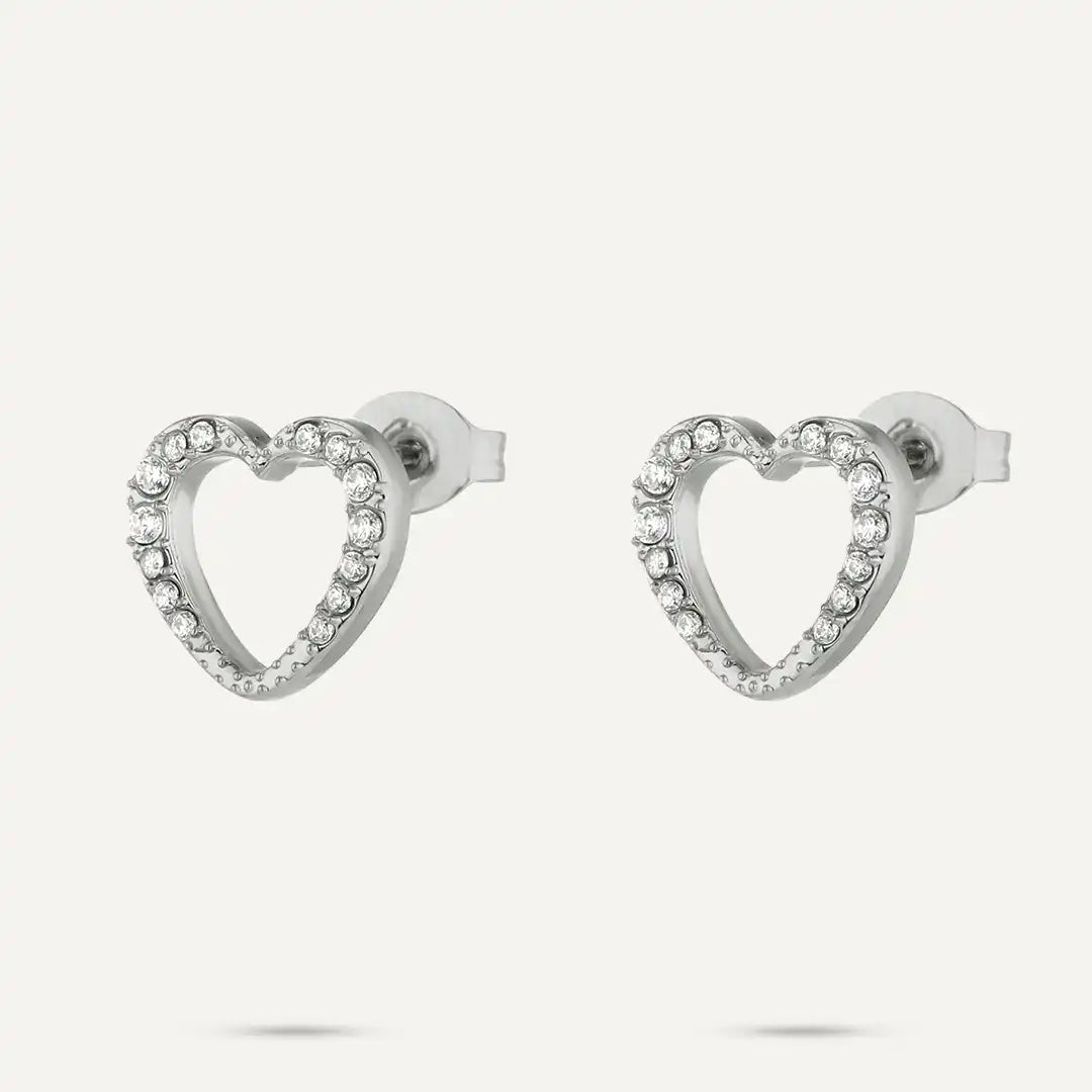 Vibes | Outline Crystal Heart Stud Earrings | White Gold-Plated