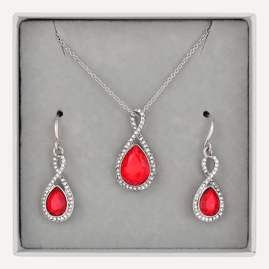 Boxed Red Crystal Necklace & Earrings Set In Silver-Tone