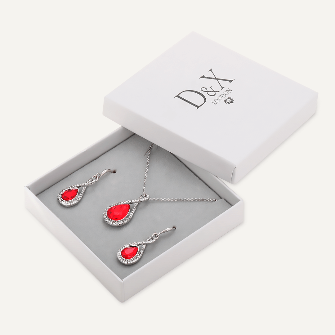 Boxed Red Crystal Necklace & Earrings Set In Silver-Tone