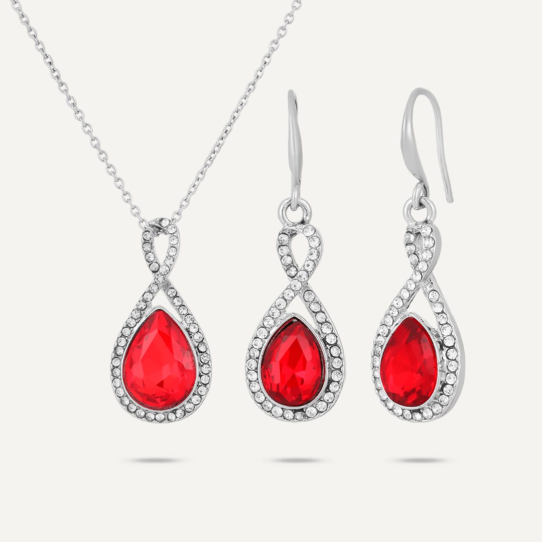 Boxed Red Crystal Necklace & Earrings Set In Silver-Tone