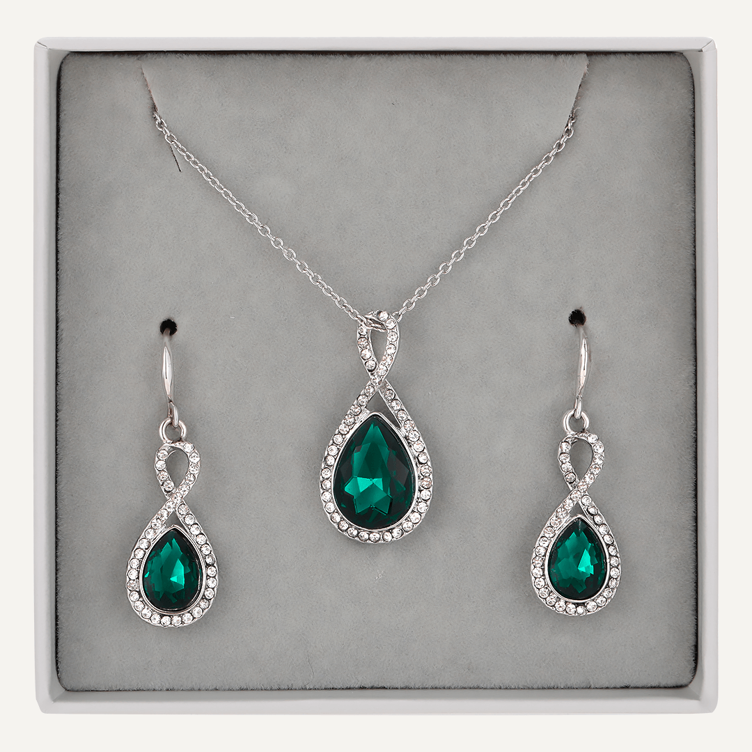 Boxed Green Crystal Necklace & Earrings Set In Silver-Tone