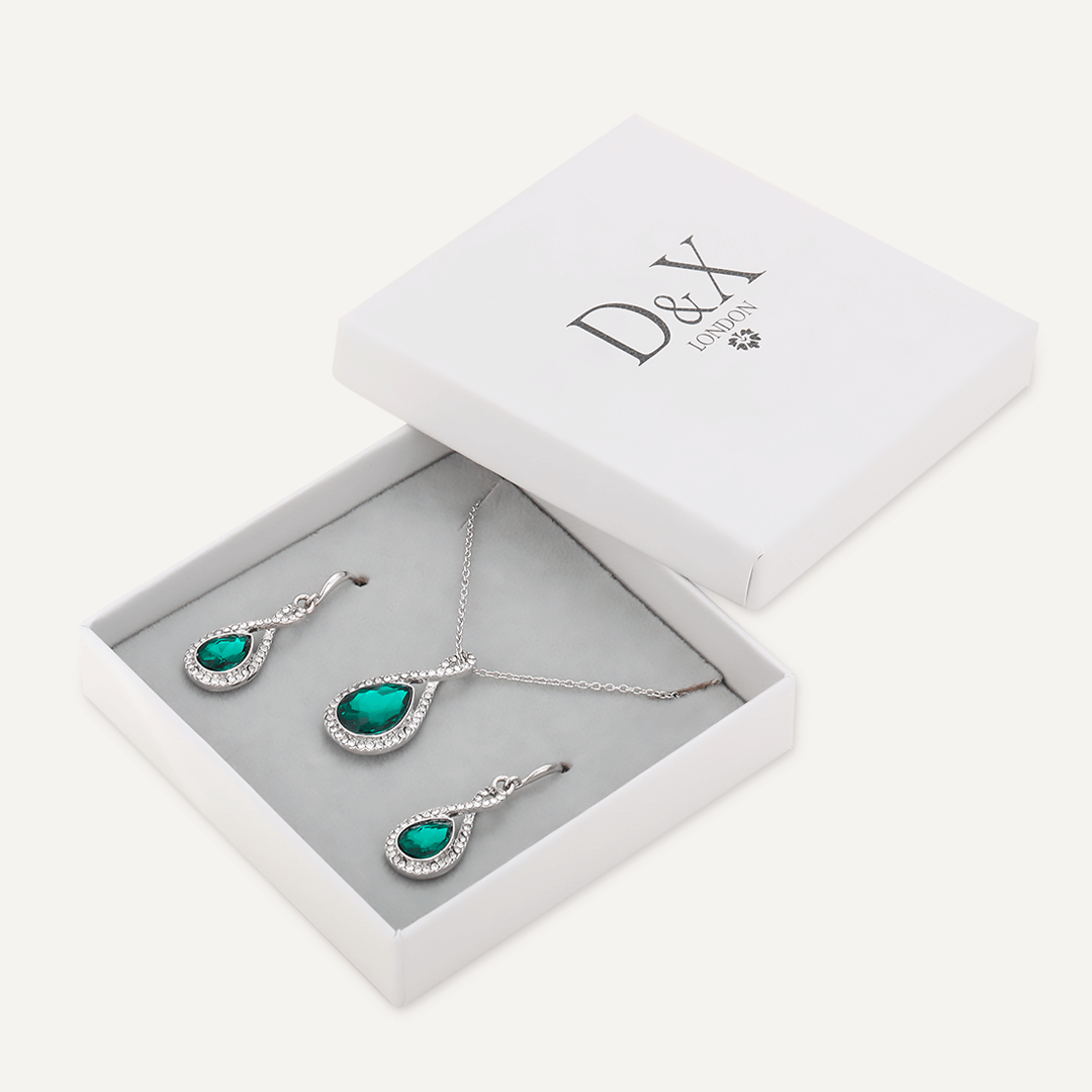 Boxed Green Crystal Necklace & Earrings Set In Silver-Tone