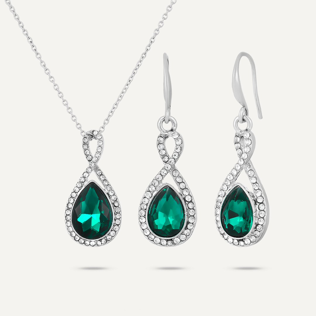 Boxed Green Crystal Necklace & Earrings Set In Silver-Tone