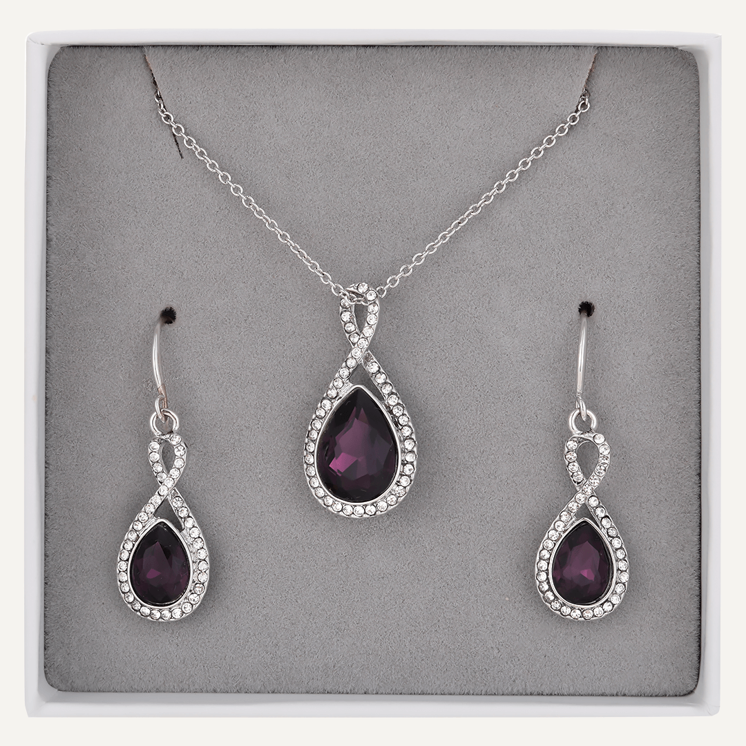 Boxed Purple Crystal Necklace & Earrings Set In Silver-Tone