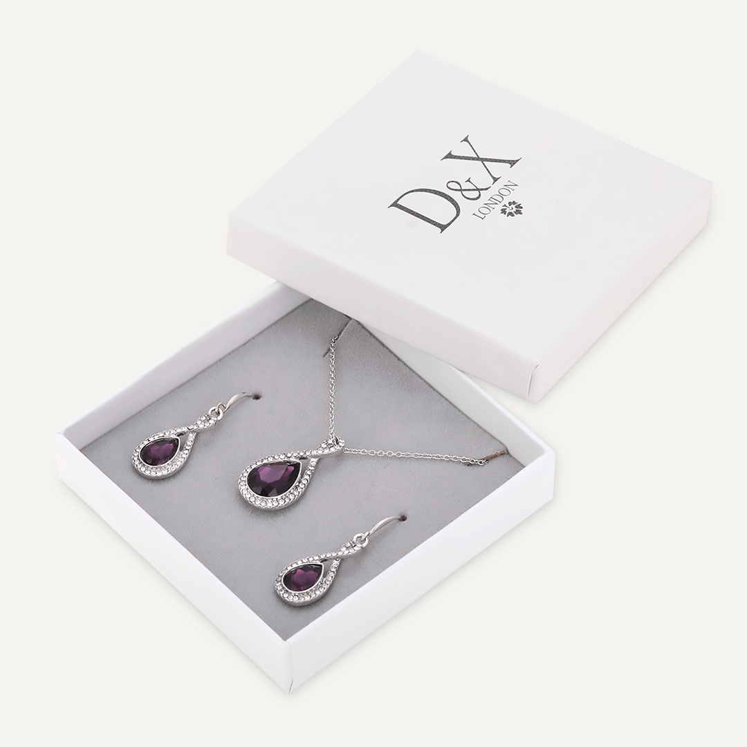 Boxed Purple Crystal Necklace & Earrings Set In Silver-Tone