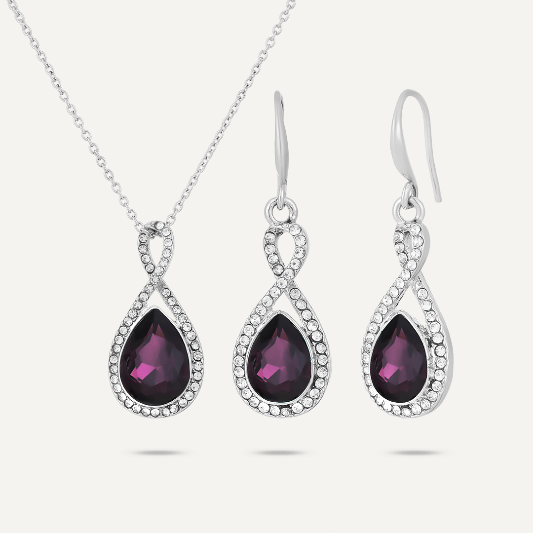 Boxed Purple Crystal Necklace & Earrings Set In Silver-Tone