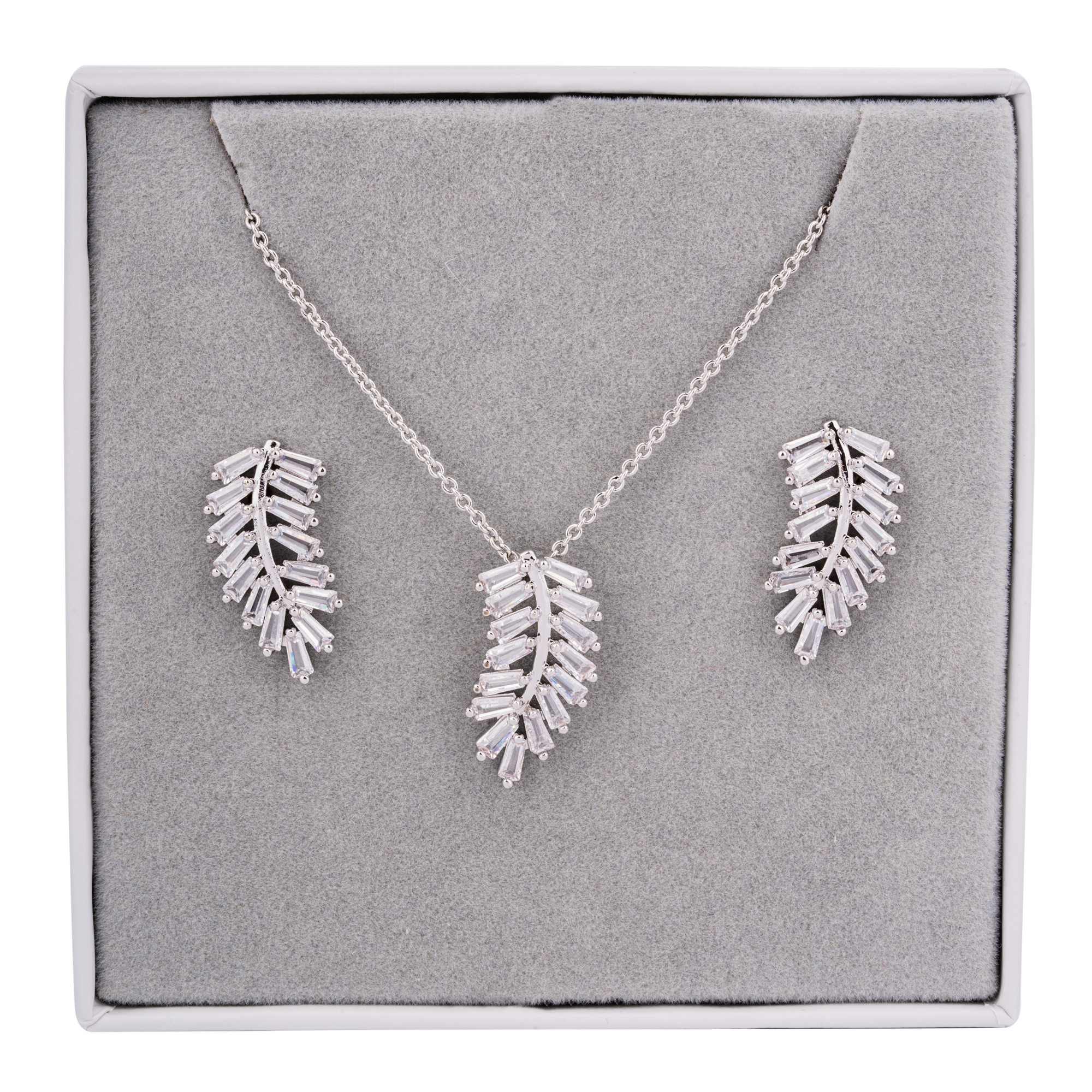 Boxed Cubic Zirconia Silver Feather Jewellery Set - D&X Retail
