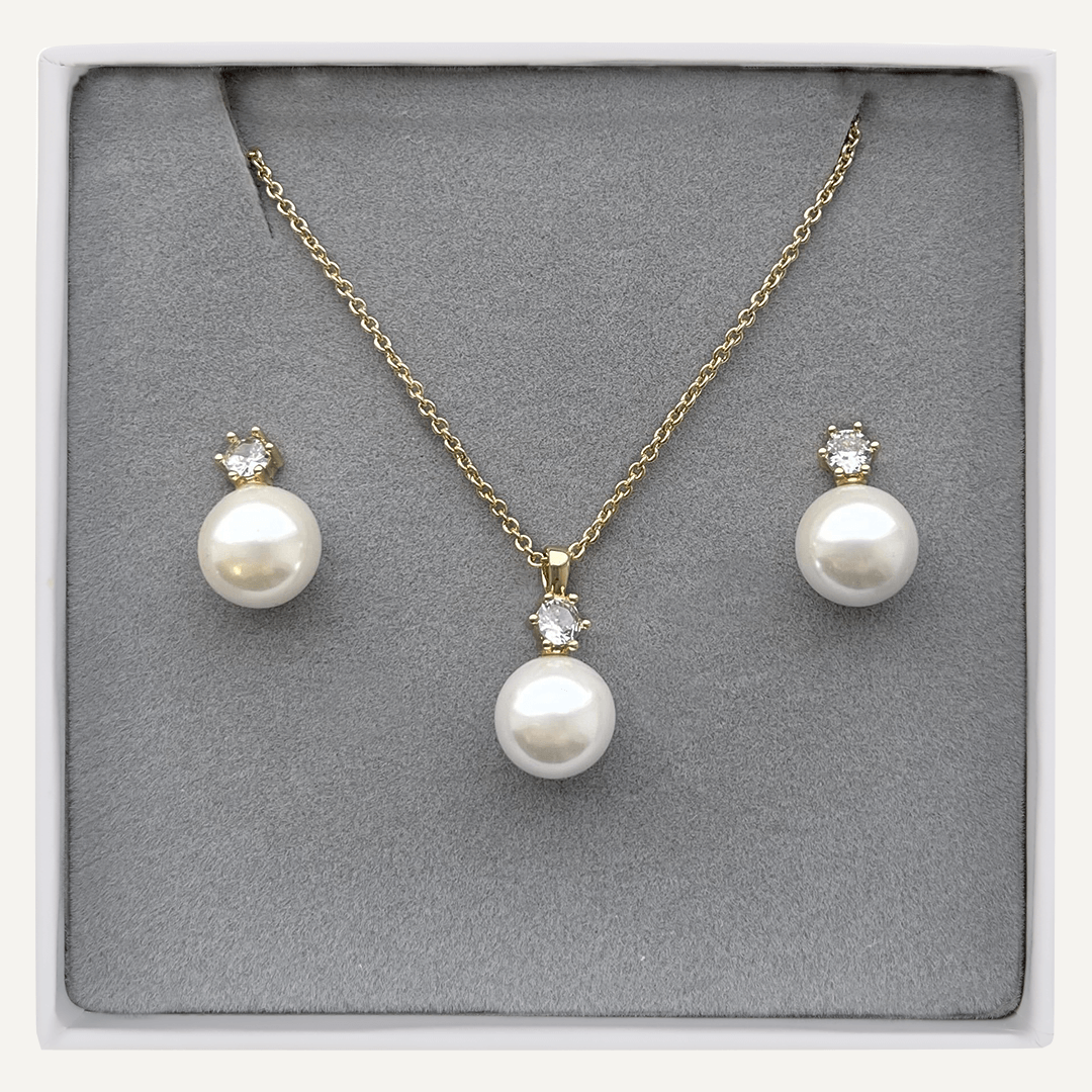 Boxed Cubic Zirconia & Mother Of Pearl Set In Gold-Tone