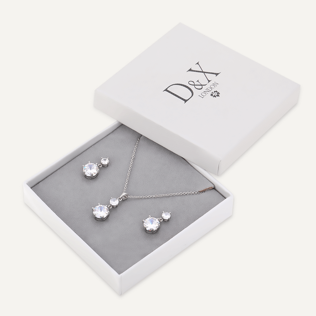 Boxed Geometric Crystal Jewellery Set In Silver-Tone