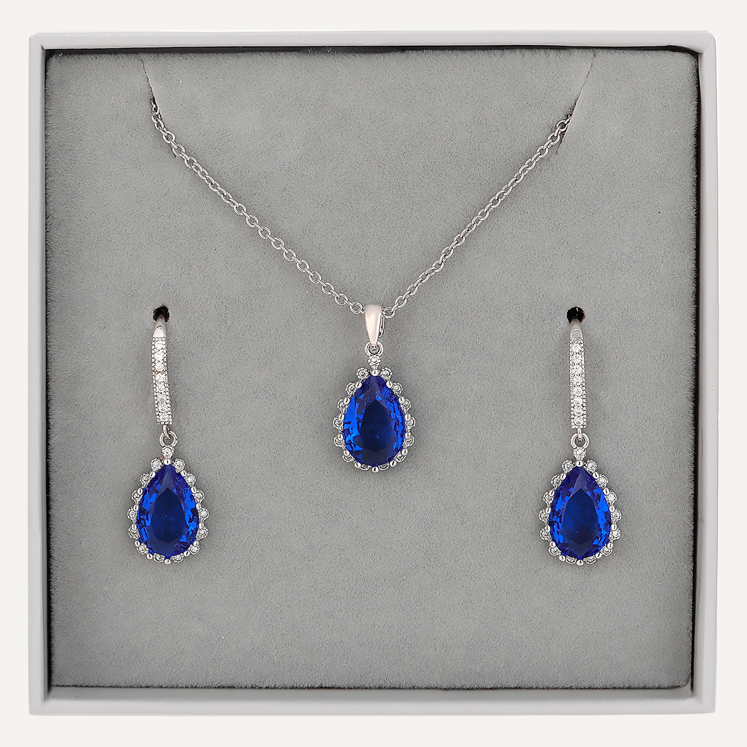 Boxed Blue Crystal Jewellery Set In Silver-Tone