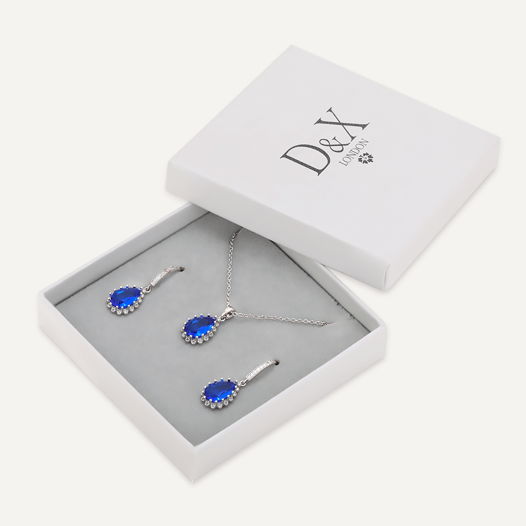 Boxed Blue Crystal Jewellery Set In Silver-Tone