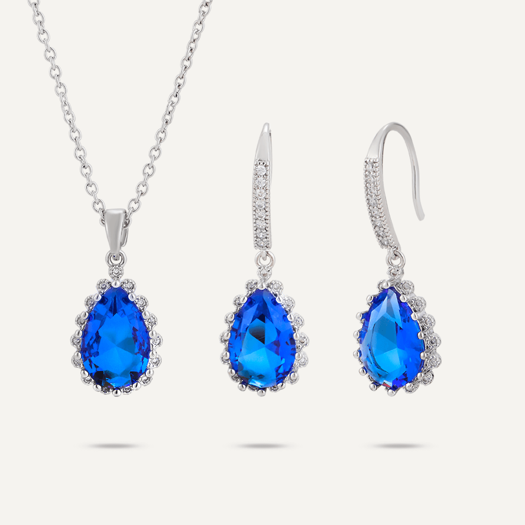 Boxed Blue Crystal Jewellery Set In Silver-Tone