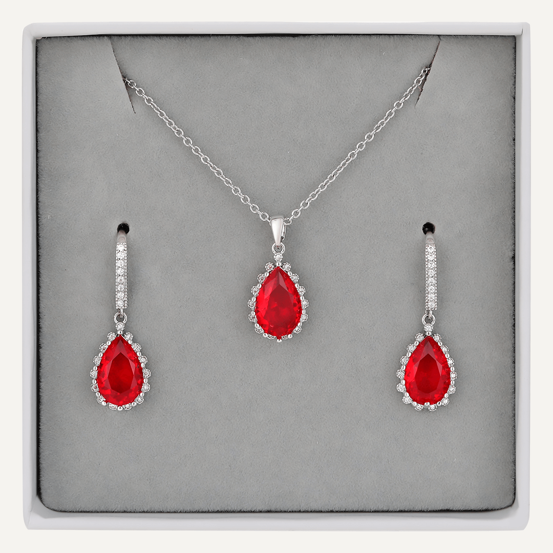 Boxed Red Crystal Jewellery Set In Silver-Tone